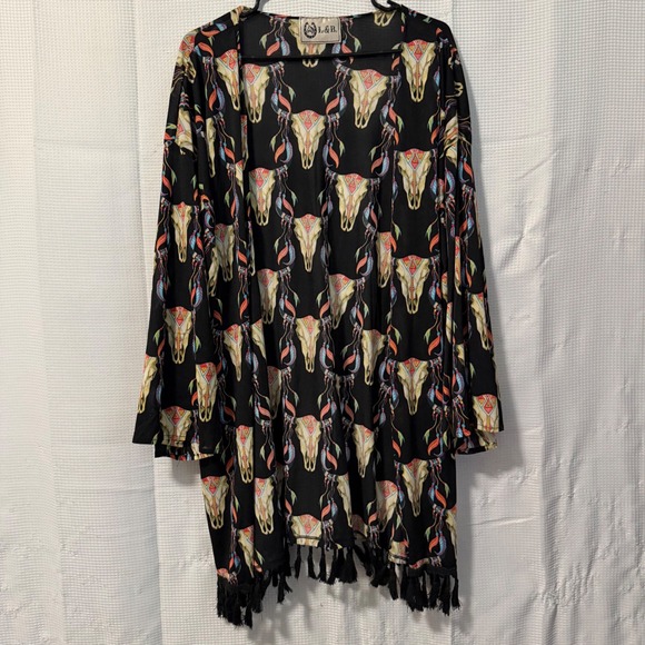 L&B Sweaters - L&B Kimono Cardigan Chiffon Bull Skull Tassel Fringe Western Boho Black OS